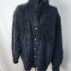 Vintage Soft Quiet Luxury Angora Cardigan Sweater With Rhinestone Buttons